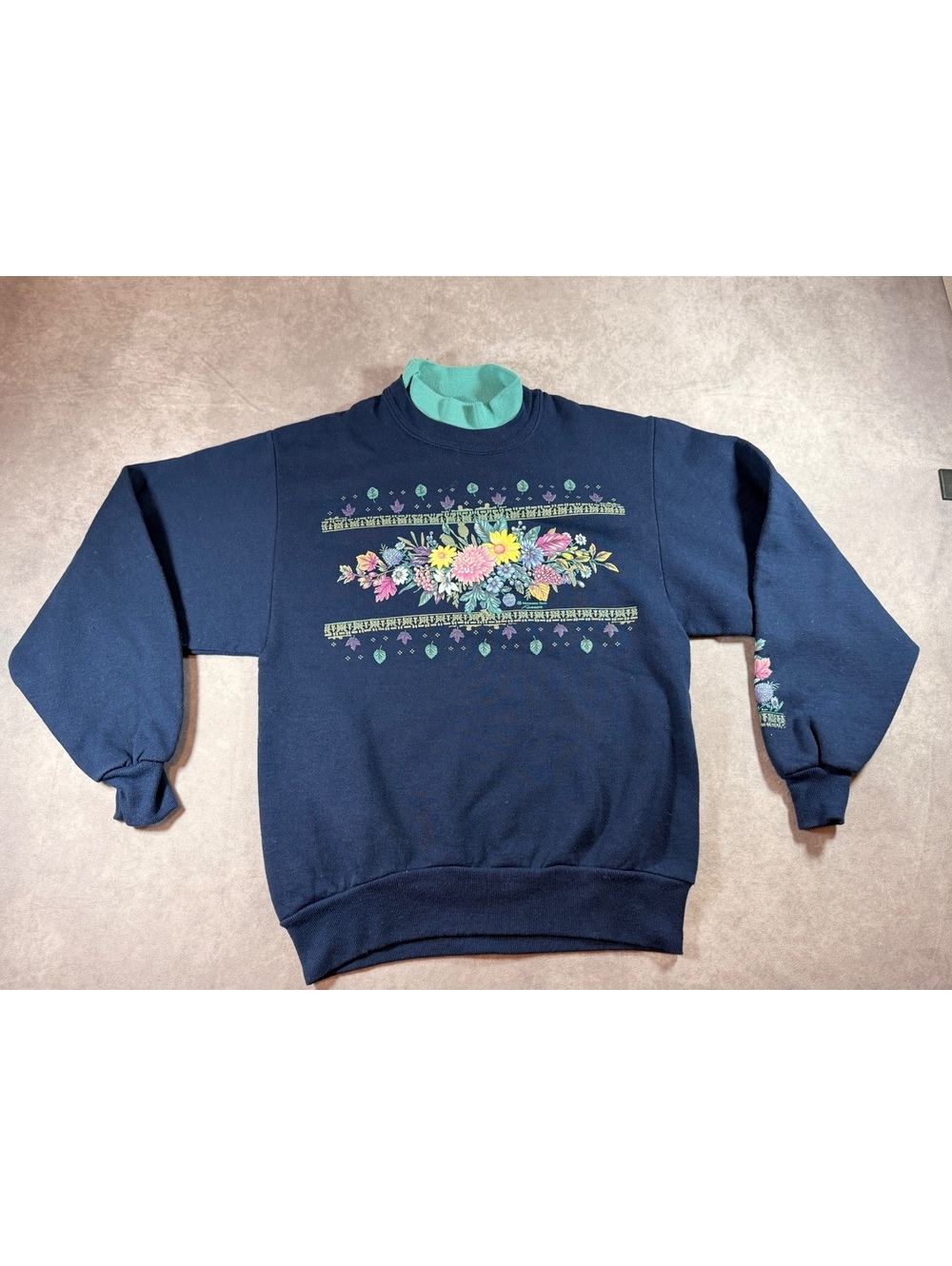 Vintage Morning Sun Navy Blue Floral Sweatshirt Petite Small